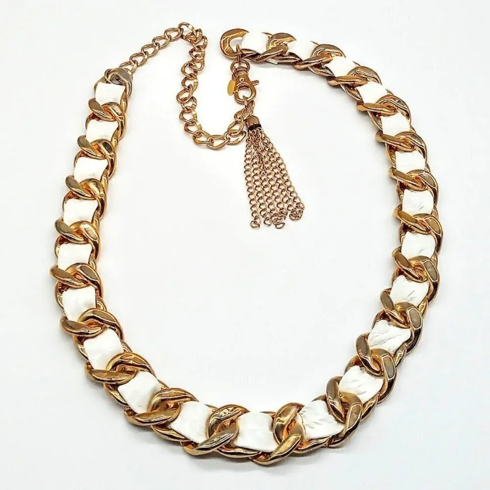 Vintage Tasha Gold Finish Chain Link White Faux Leather Braided Belt